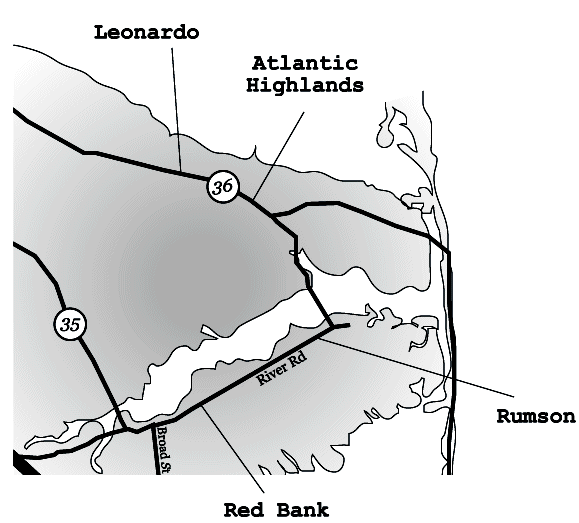 map of Leonardo, Atlantic Highlands, Rumson, and Red Bank, NJ